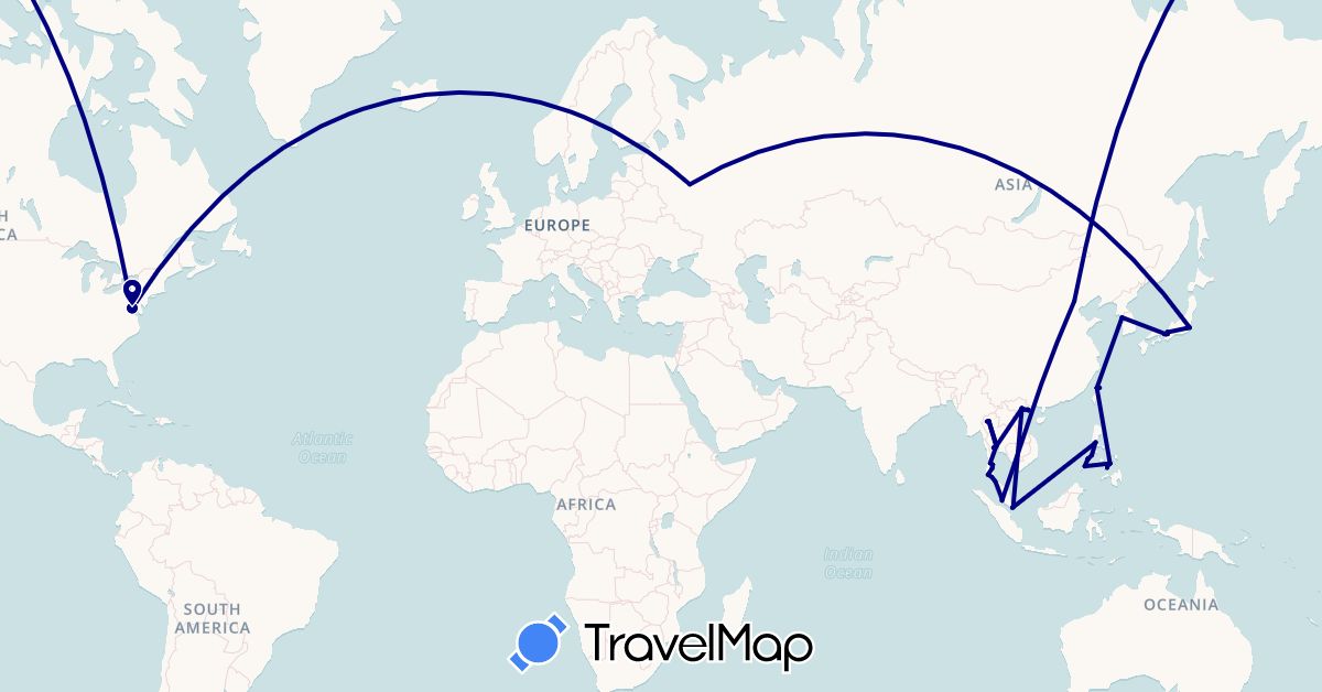 TravelMap itinerary: driving in China, Japan, South Korea, Malaysia, Philippines, Russia, Singapore, Thailand, Taiwan, United States, Vietnam (Asia, Europe, North America)